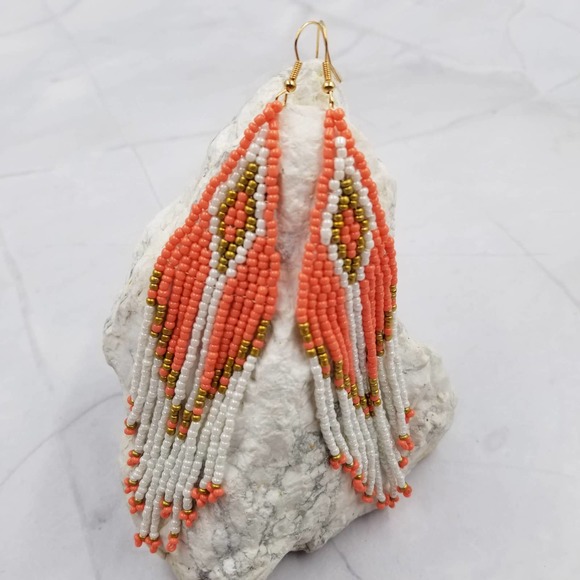 Boho Chic Bead Fringe Earrings Orange White - Picture 1 of 2